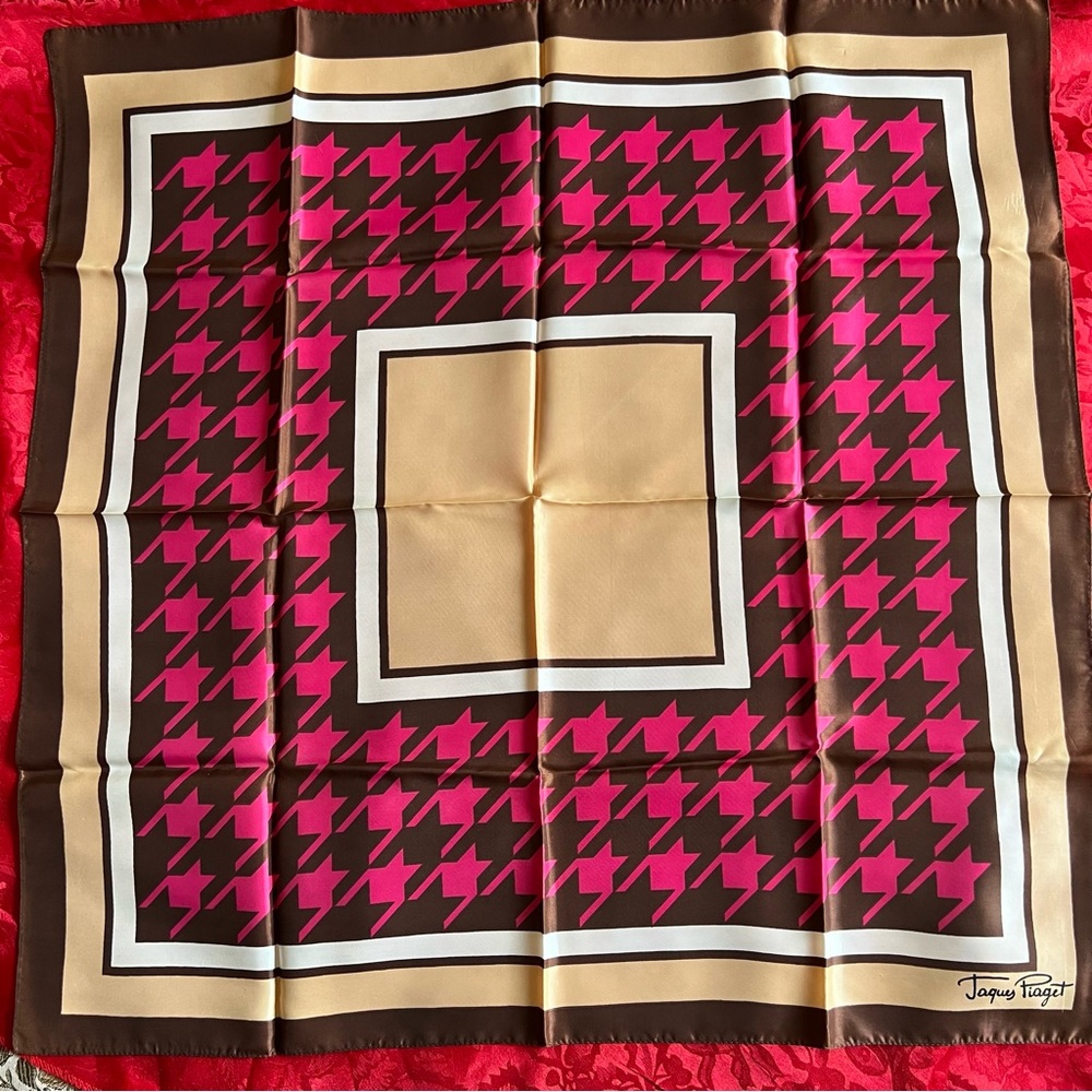 Vintage Jacques Piaget Trevira Scarf, Houndstooth Magenta Brown , EUC